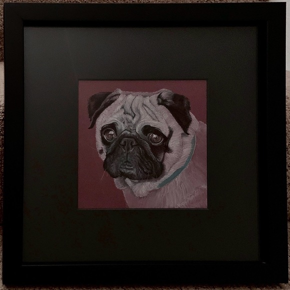 Original Pug Breed Portrait in Gouache Watercolor on Burgundy Art Board Framed - Picture 1 of 2